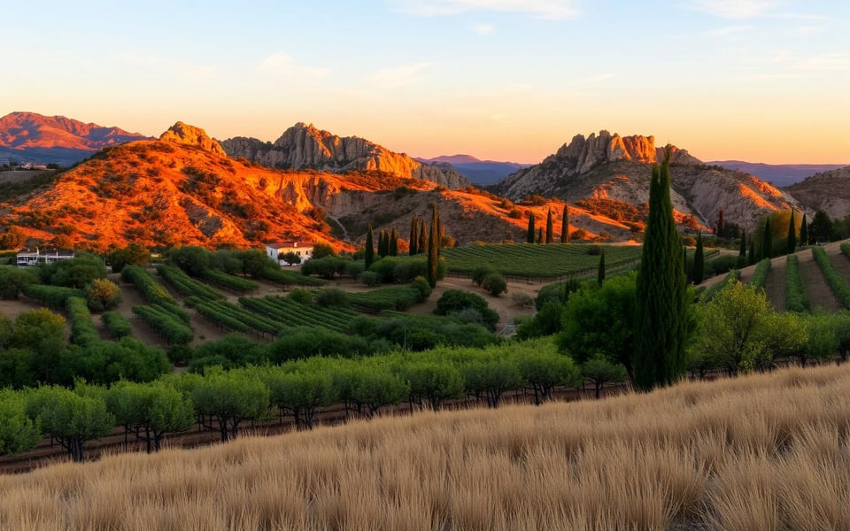 Les Alpilles au coucher du soleil, entre vignes et cyprès
